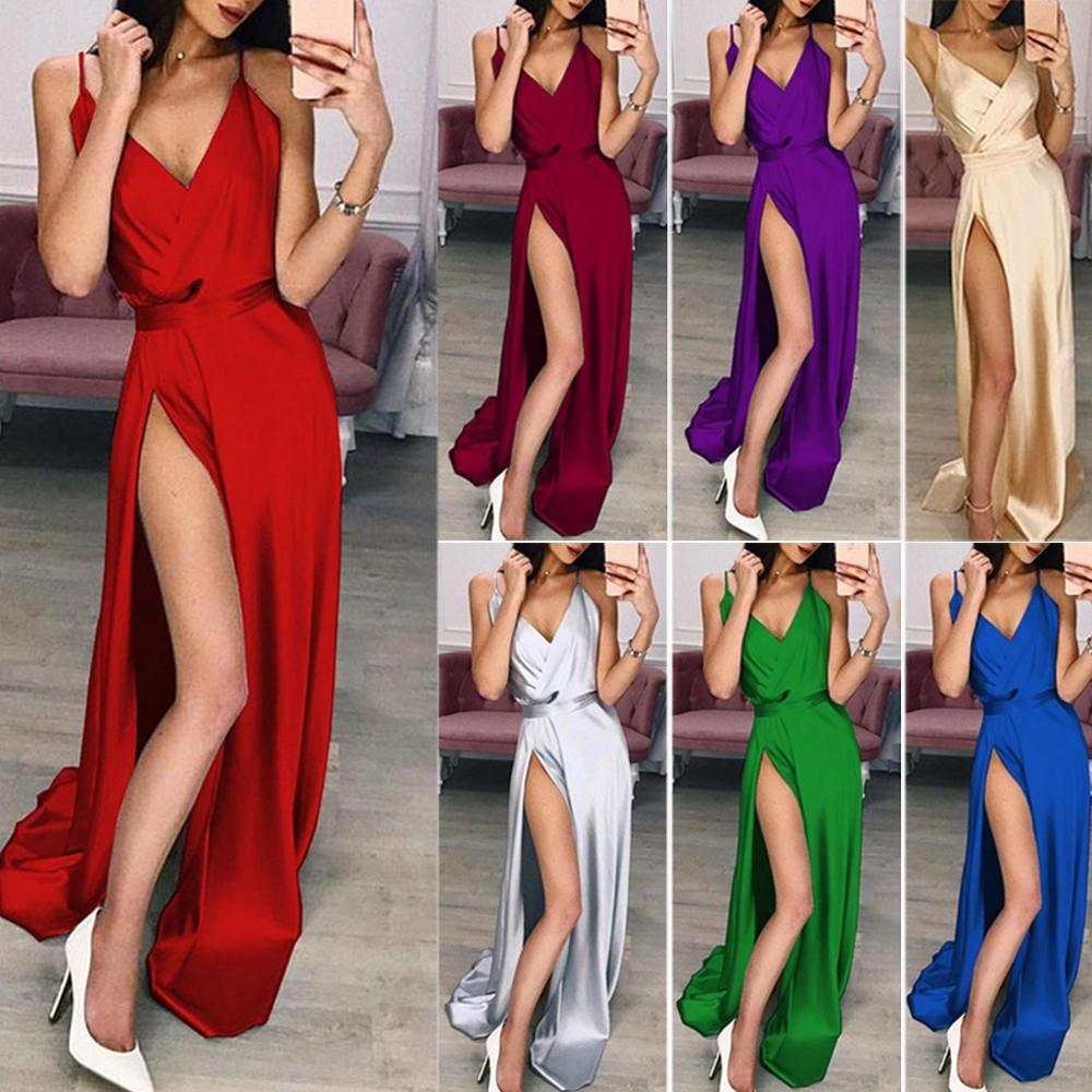 High Side Split Sexy Prom Dresses Deep V Neck Slivery Silk Satin Evening Formal Lady Gown Simple Style YSAN806