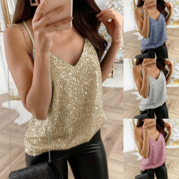 4# Womens Tank Top Sequin Glitter Strappy Tank Tops Ladies Sexy Sparkle Camis V-neck Swing Vest Clubwear Party Night Tanks
