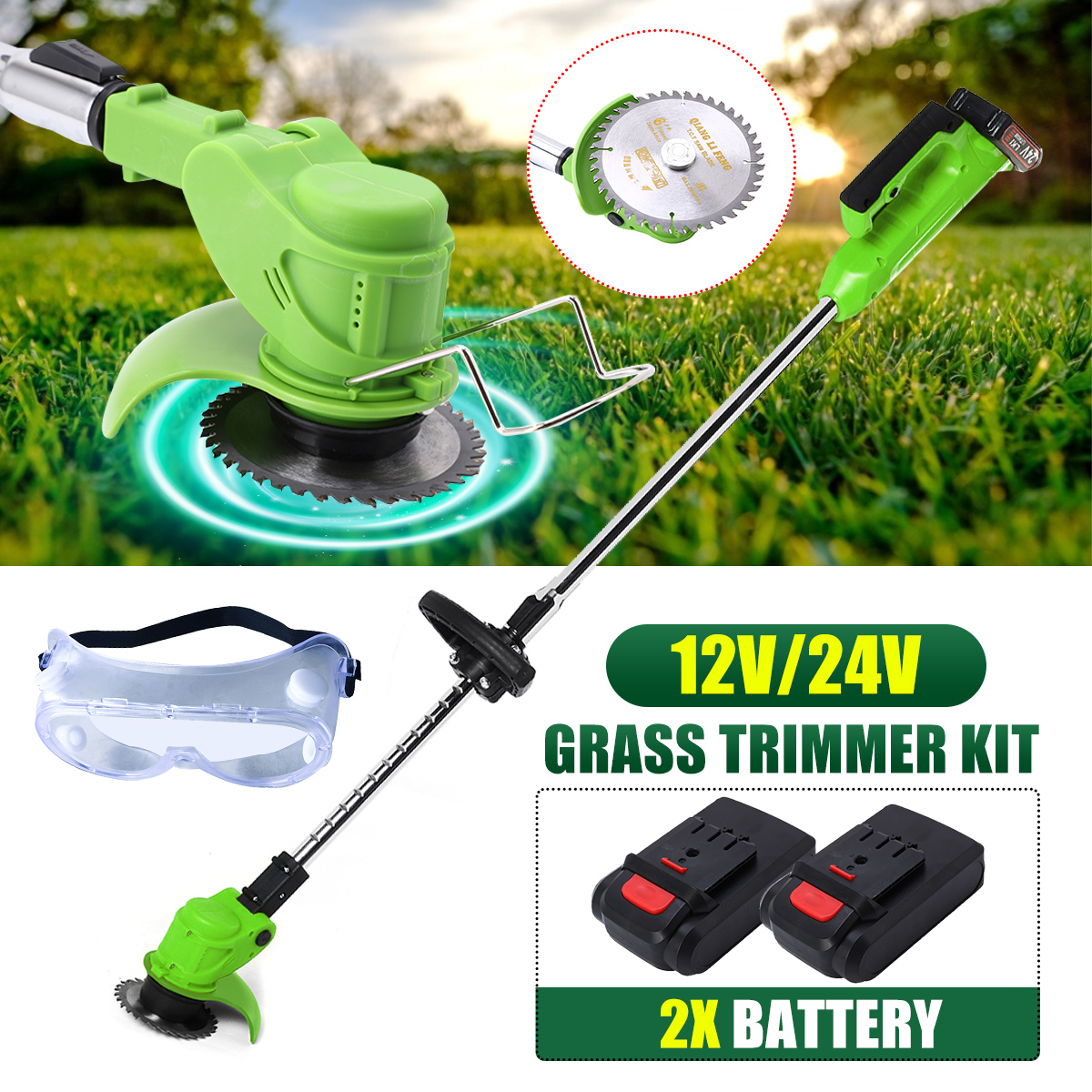 12V/24V Electric Lawn Mower Cordless Grass Trimmer Adjustable Lawn Mower Pruning Cutter Garden Tool+2000mAh 2Pcs Li-ion Battery