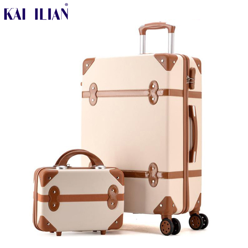 Luggage 20" 22" 24" 26" inch women hard retro rolling luggage set trolley baggage with cosmetic bag vintage suitcase for girls