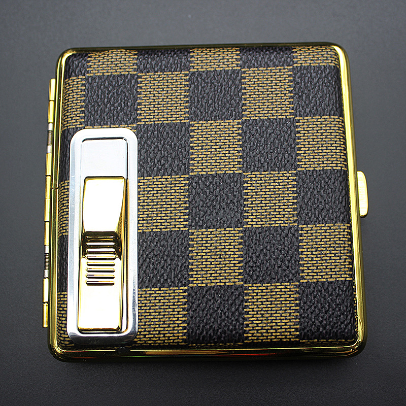 KUIPAI Men PU Leather Metal Cigarette Case Box With USB Charging Lighter For 84mm Cigarette