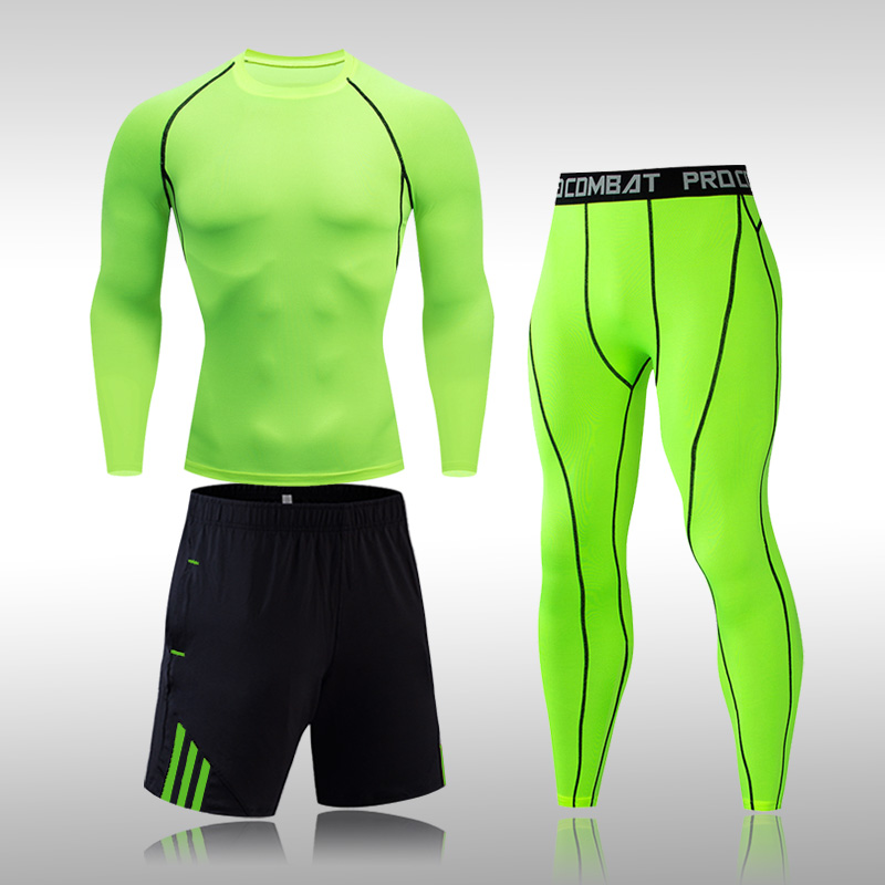 3pcs Men's Solid Color Workout Sports Suit Gym Fitness Compression Clothes Running Jogging Sport Wear Exercise Workout Tights