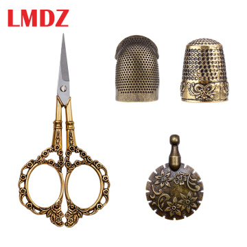 LMDZ 4pcs Portable Safety Sewing Scissors Thread Cutter Metal Brass Sewing Thimble Vintage Scissors Patchwork Tool DIY