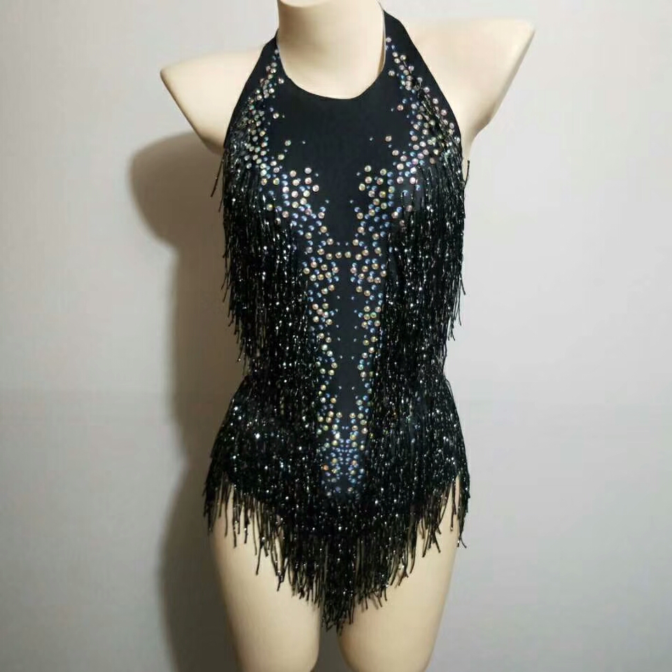 Sparkly Tassel Bodysuit Women Rhinestone Performance Costume One-piece Dance Wear Singer Stage Leotard Rave Festival Clothing