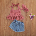 1-6Y Kids Girls 2pcs Sleeveless Halter Blouse Tops+Denim Shorts Toddler Baby Clothing Summer Clothing