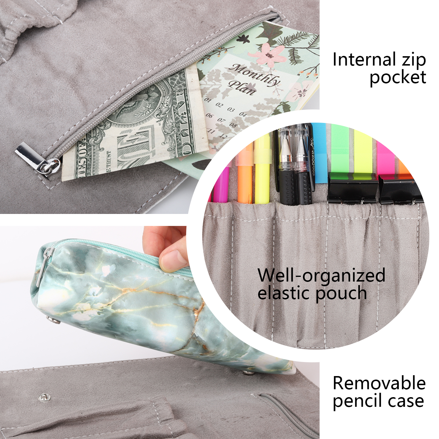 Pen Pencil Case, Roll Up Pencil and Makeup Pouch Bag Organizer with 1 Removable Pencil Pouch,5 Slots, 1 Zipper Pocket&Magnetic
