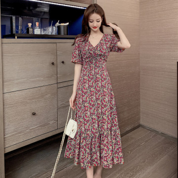 Summer Plus Size Floral Print Folds Short Sleeve V-neck Tea-length A-line Chiffon Red Orange Yellow Purple Cocktail Dresses