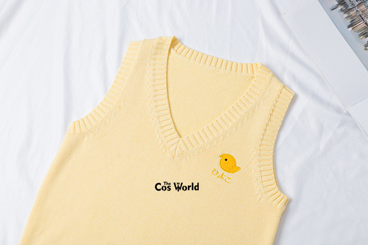 XS-XXL Spring Autumn Yellow Chick Sleeveless Knit Vests Pullovers V Neck Sweaters For JK School Uniform Student Clothes