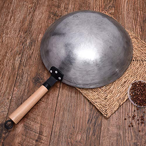 Chinese Hand Forged Wok Pan, Traditional Hand Hammered Carbon Steel Pow Wok with Bamboo Handle and Steel Helper Handle Non-stick