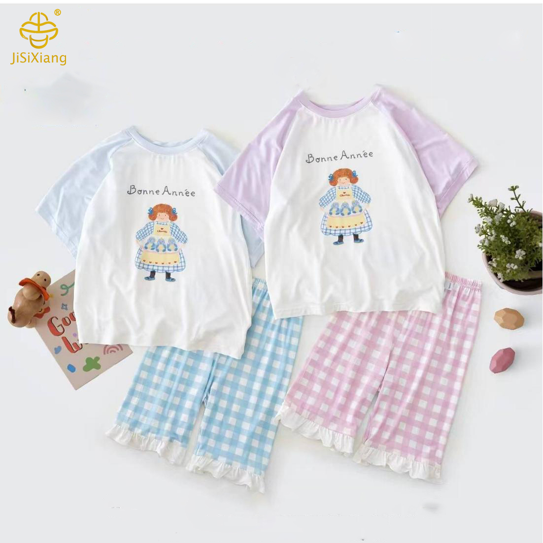 cartoon raglan sleeve striped printed short sleeved set