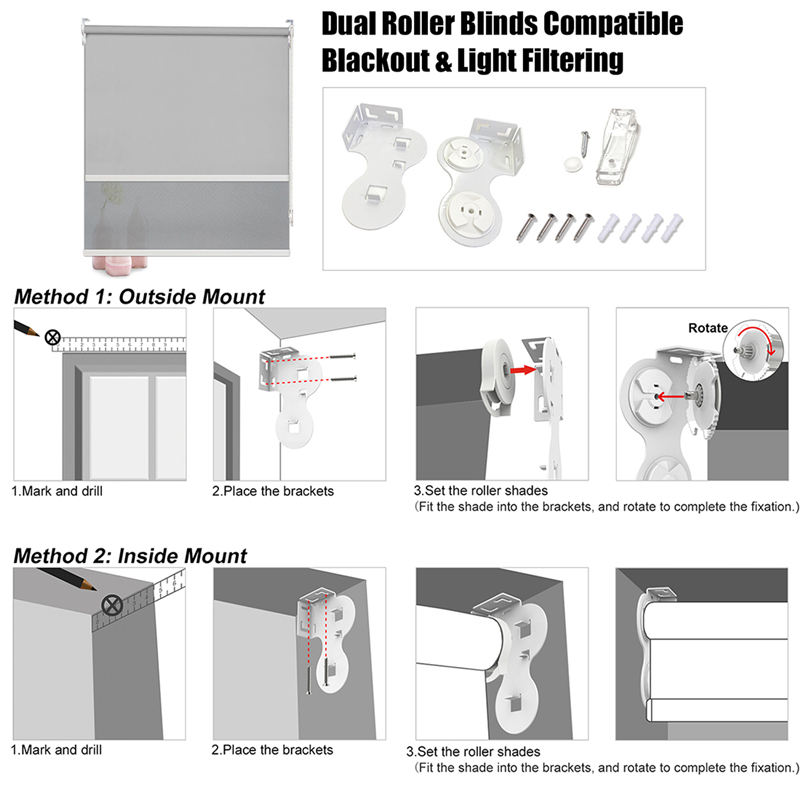 Blackout Shades Roller Blinds For Windows Sheer Dual Roller Window Blind Compatible Blackout And Light Filtering Double Shutter