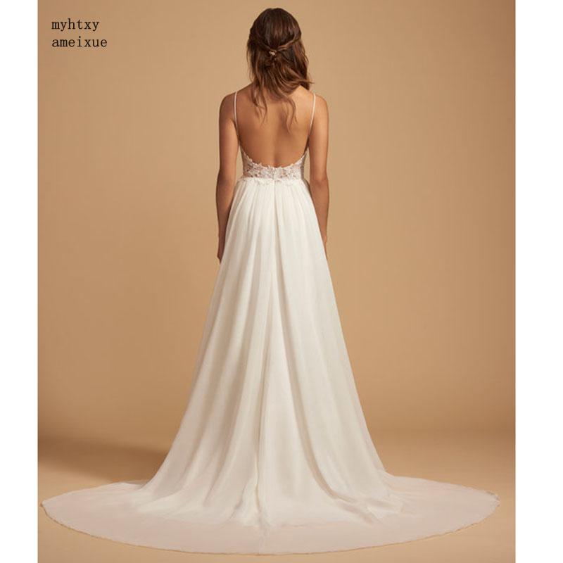 Cheap Boho Wedding Dress Spaghetti Strap A Line Chiffon Long Backless Beach Wedding Gown Appliques Lace Top Bride Dress 2020