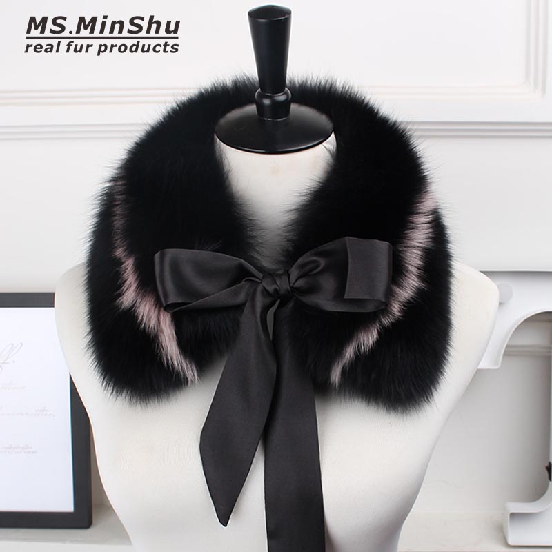 MS.MinShu Genuine Fox Fur Collar Scarf with Lace 100% Natural Fox Fur Scarf Winter Neck Warmer Jacket Fur Collar Short Scarves
