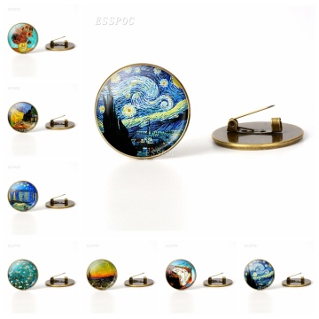 Van Gogh Famous Painting Brooch Sunflower Starry Night Picture Glass Cabochon Brooches Pins Vintage Bronze Copper Brooch Badge