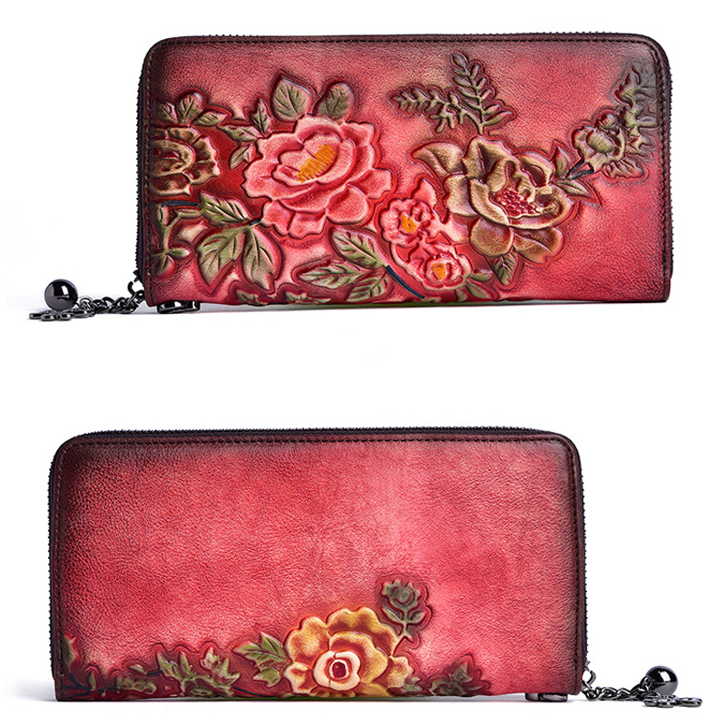 Genuine Leather Vintage Women Wallet Embossed Female Purses Retro Multiple Cards Holder Daily Clutch Long Standard Wallets