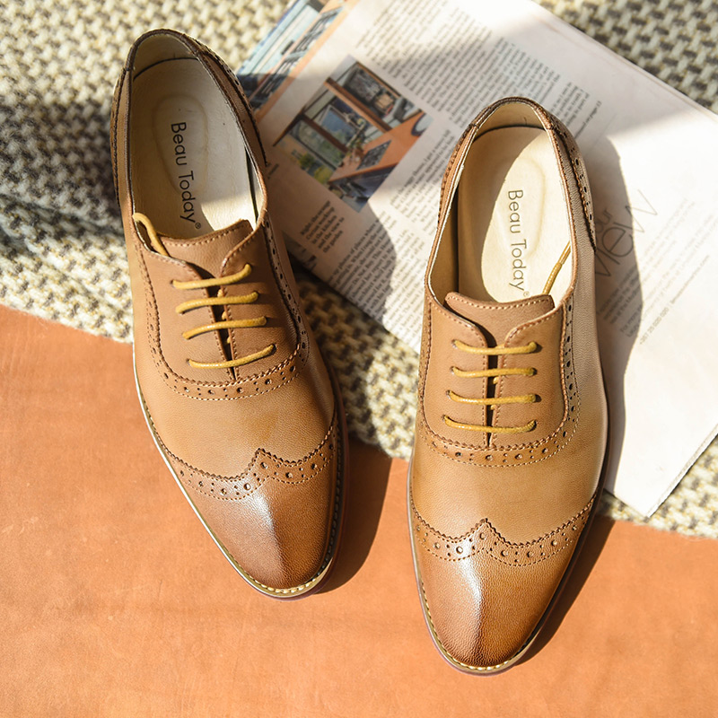 BeauToday Brogue Shoes Women Genuine Leather Round Toe Good Quality Sheepskin Lady Flats Wingtip Shoes Handmade 21409