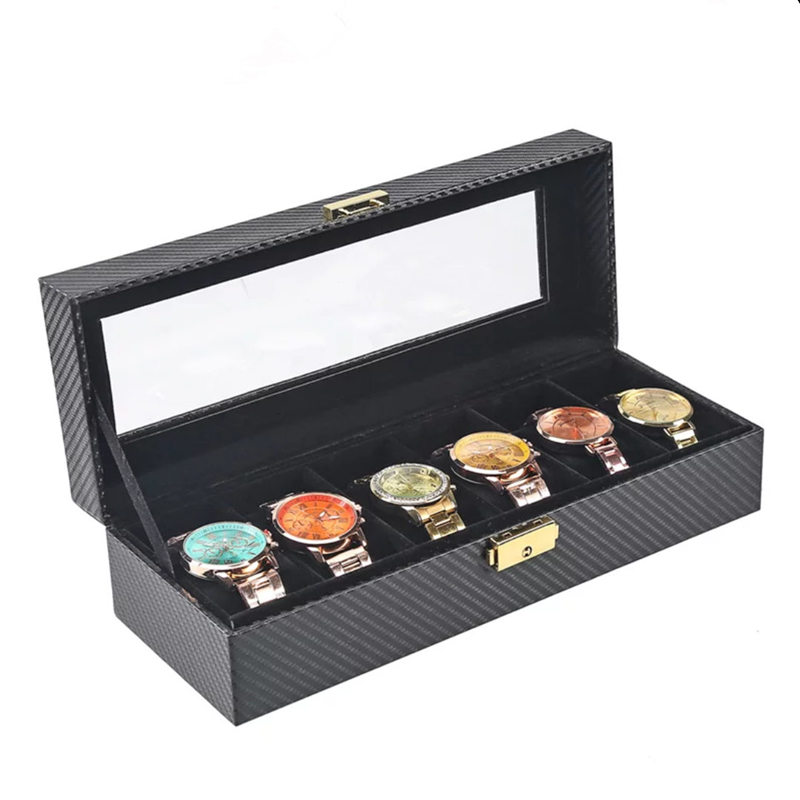 12 Slots Carbon Fiber Watch Storage Box With Lock Black PU Leather Watch Display Case Mechanical Watch Storage Boxe