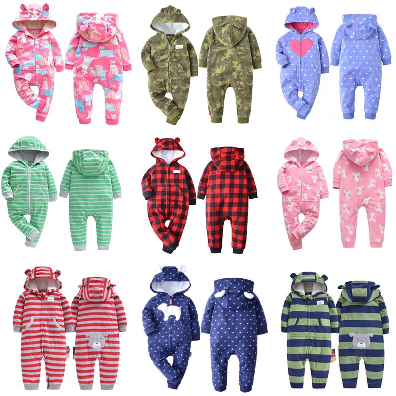 Newborn Baby Romper Hooded Warm Fleece Dinosaur Printed Baby Pajamas Footed jumpsuits Infant Boy girl Clothing Sleepwear 0-24M