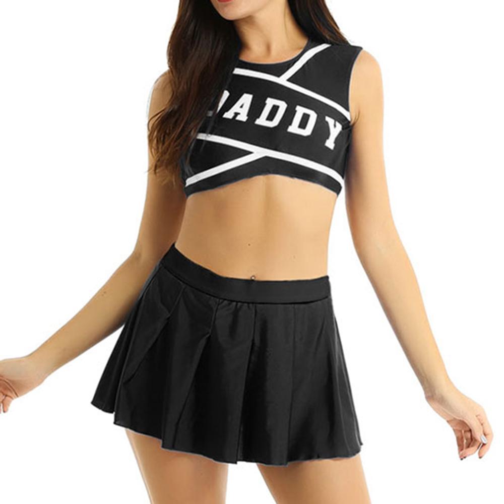 Womens Femme Schoolgirl Daddy Charming Cheerleader Uniform Halloween Cosplay Costume Crop Top with Mini Pleated Mini Sexy Skirt