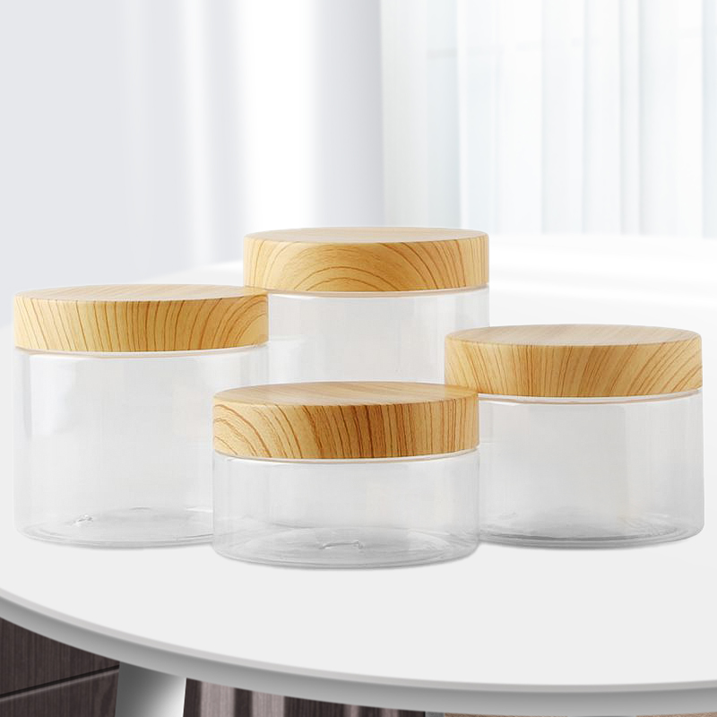 4pcs Storage Tank Food Container Empty Clear Pet Jars Wood Lids Containers 100ml/200ml/300ml/500ml Kitchen Candle Jar Bottle
