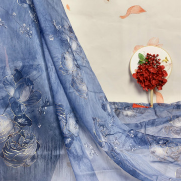 Soft Blue Chiffon Peony Bronzing Printed Tulle Fabric for Dress Shirts, Red and Cyan, by the Meter