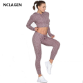 NCLAGEN Women Sportswear Yoga Set Sport Bodybuilding Suit Stretchy Gym Workout Long Sleeves Tracksuit Fitness Crop Top Leggings