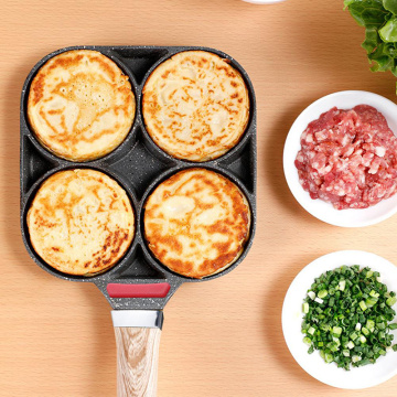 4 Hole Omelet Pan Saucepan For Burger Eggs Ham Pancake Maker Wooden Handle Frying Pot Non-stick Cooking Breakfast Tools