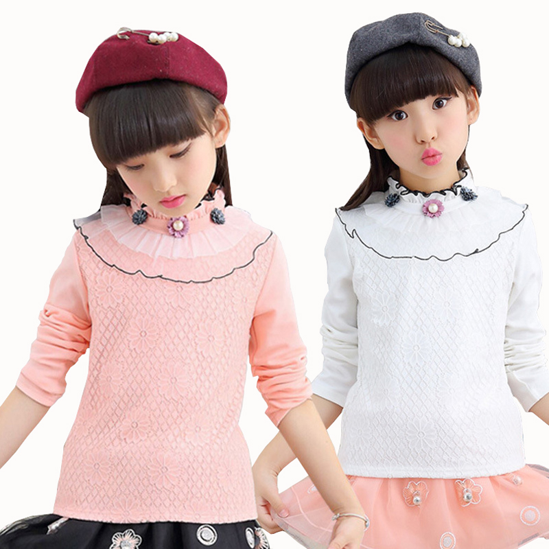 Autumn Winter Kids Clothes Girls Flower Blouse Shirt Warm Turtleneck Cotton Tops Tee Children Lace 2-13Yrs Girl School Clothing