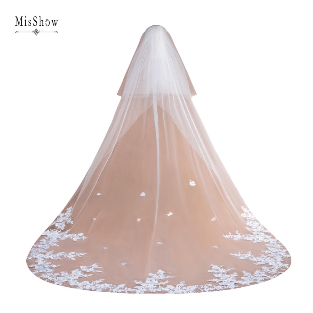 In Stock ! Velos De Novia 3M Cathedral Wedding Veil With Comb White Lace Border Soft Tulle Wedding Accessories Bridal Veil