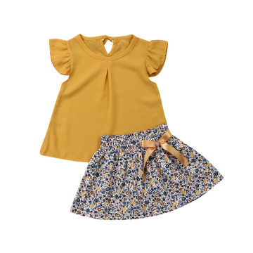 2019 Children Summer Clothing 1-5Y Toddler Kid Baby Girl Clothes Sets Yellow Chiffon Tops+Floral A-Line Skirt Outfits Clothes