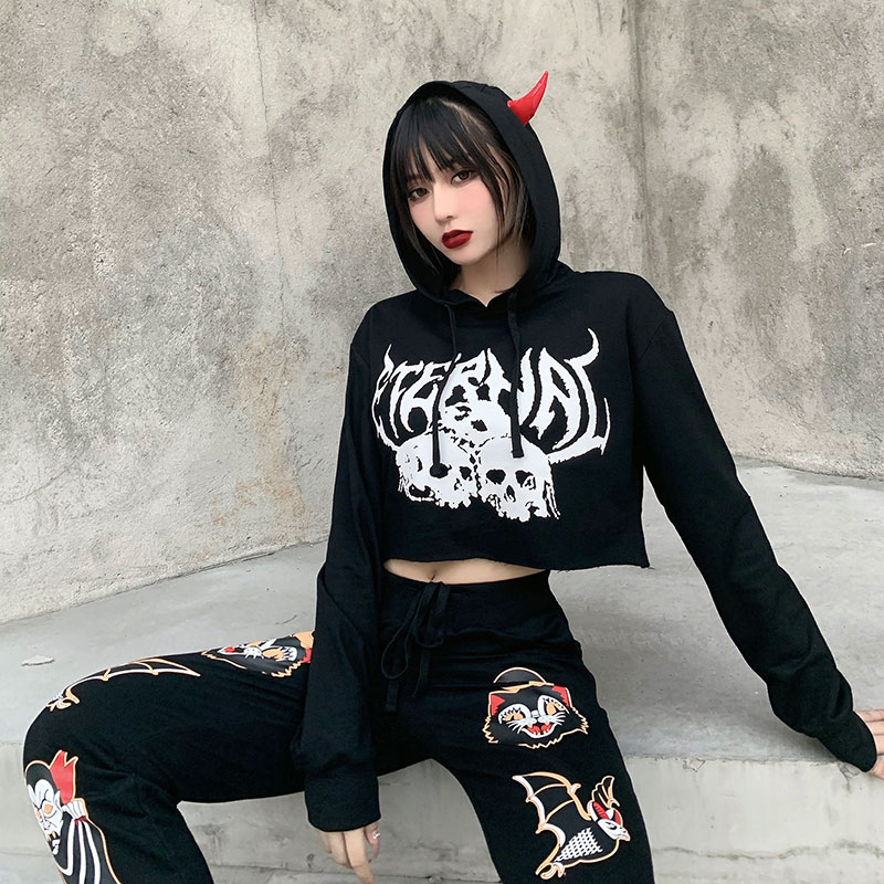 InsGoth Gothic Skull Print Black Cropped Hoodies Streetwear Punk Vintage Hooded Hoodies Women Halloween Long Sleeve Sweatshirt