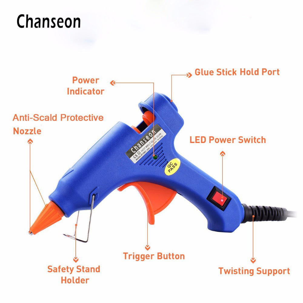 Chanseon 20W EU/US Hot Melt Glue Gun with 20pcs 7mm Glue Sticks Industrial Mini Guns Thermo Electric Heat Temperature Tool