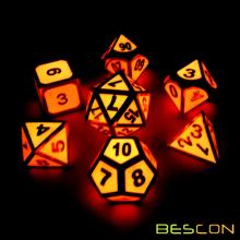 Bescon Super Glow in the Dark Metal Polyhedral Dice Set Golden and Rose, Luminous Metallic RPG Role Playing Game Dice 7pcs Set