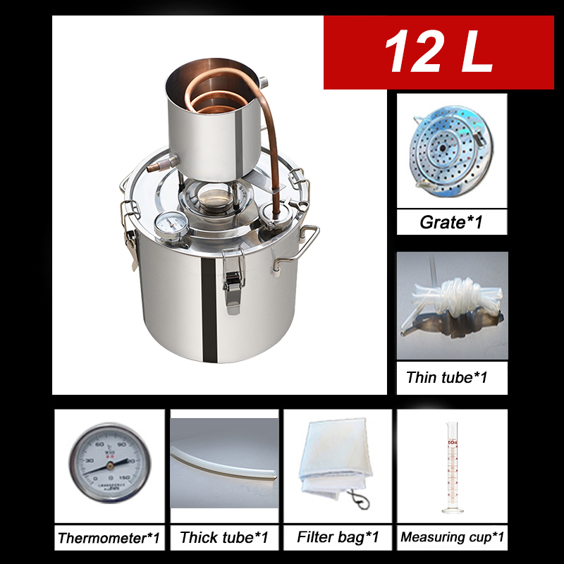 12L/3.2GAL Durable Distiller Moonshine Alcohol Stainless Steel Red Copper DIY Home Water Wine Essential Oil Brewing Kit