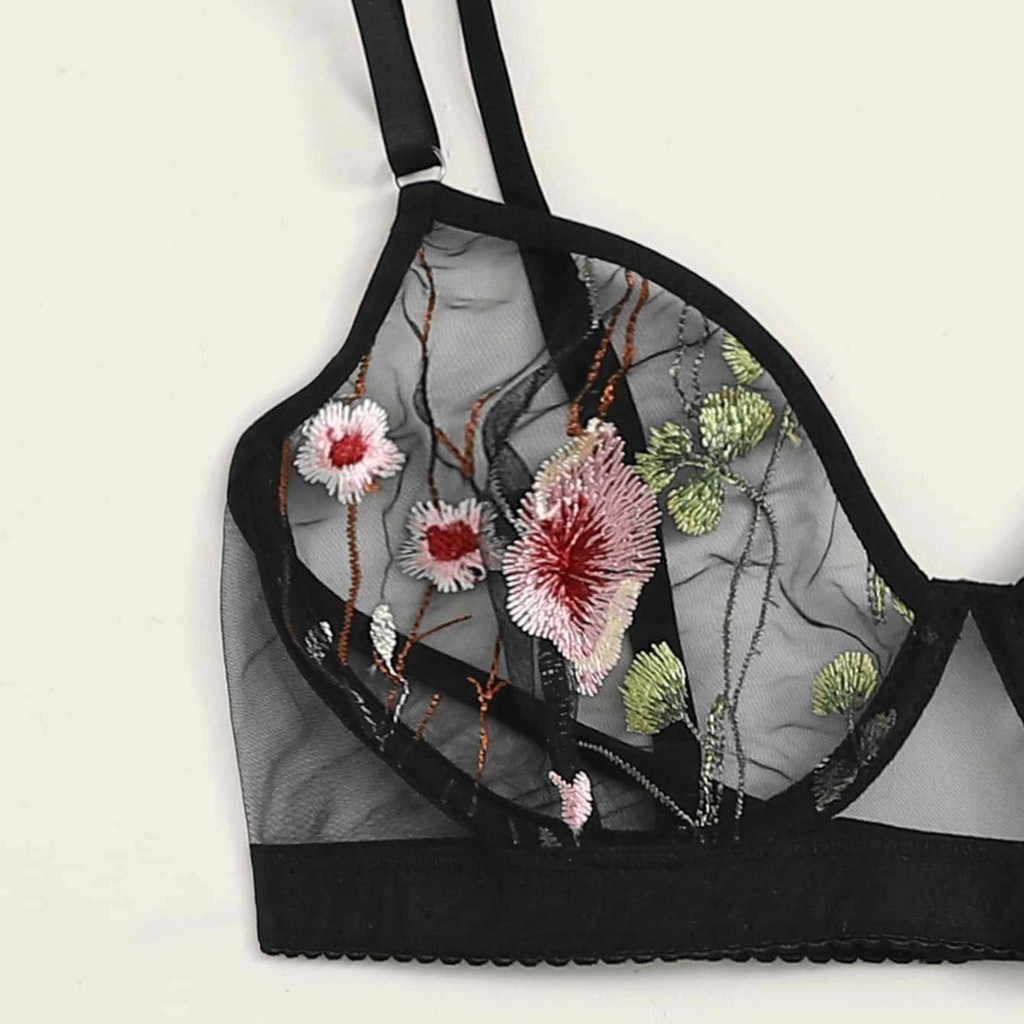 sexy mesh flower embroidery underwear set see through transparent three quarters yarn thong bra set