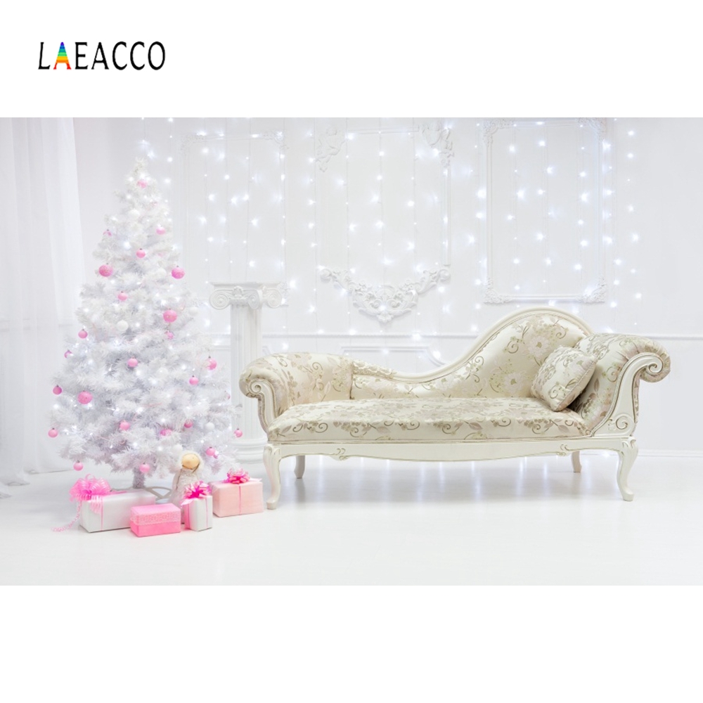 Laeacco White Chic Wall Light Christmas Tree Gifts Sofa Curtain Photography Backdrops Photo Backgrounds New Year Party Photozone