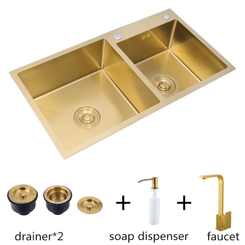 Household Double sink Above Counter 304 Stainless Steel Brushed Gold Kitchen Sink with Faucet Under Mount Farmhouse Sink 80x45cm