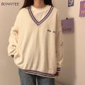 Sweaters Women Ulzzang Letter Chic Vintage V-neck Daily Oversize Preppy Girls Knitwear Fall Casual All-match Ins Womens Sweater