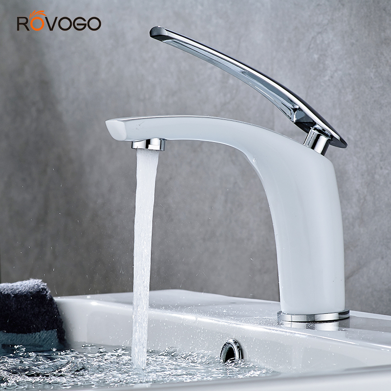 ROVOGO Bathroom Vanity Sink Faucet White Single Handle Lavatory Faucet One Hole Water Basin Mixer Tap Solid Brass