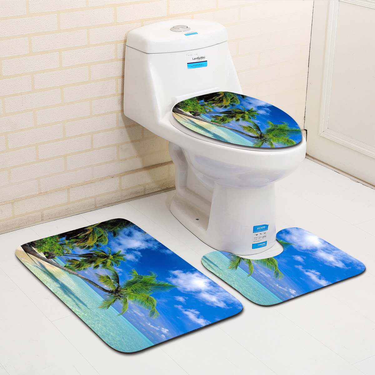 Zeegle 3Pcs Bathroom Bath Mat Set Seascape Pattern Bathroom Carpet Set Anti-slip Floor Mats Toilet Rug Shower Room Mats Bath Rug