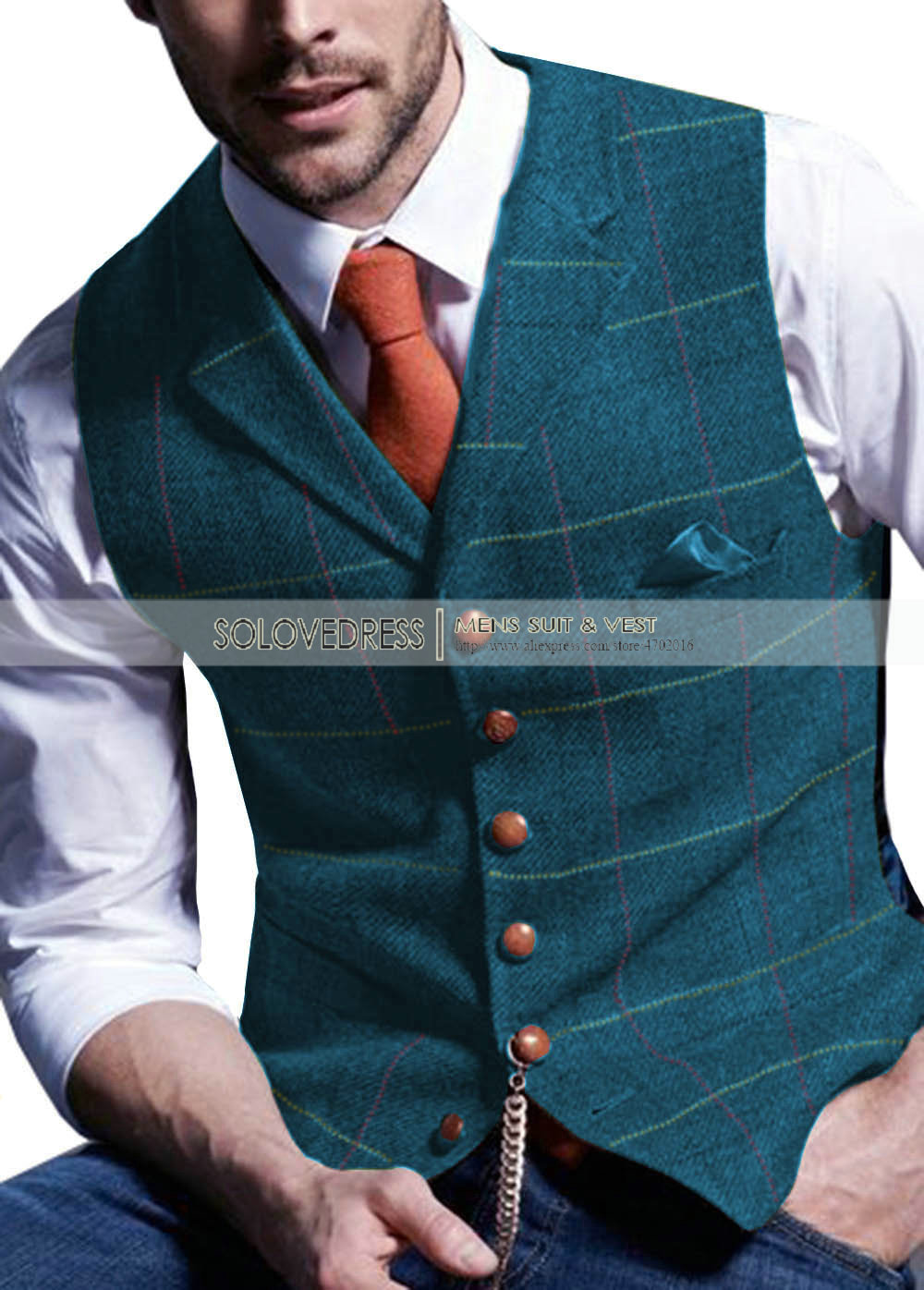 Mens Suit Vest Notched Plaid Wool Herringbone Tweed Waistcoat Casual Formal Business Groomman For Wedding Green/Brown/Green/Grey