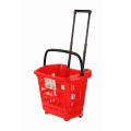 Supermarkets red plastic shopping basket with wheels