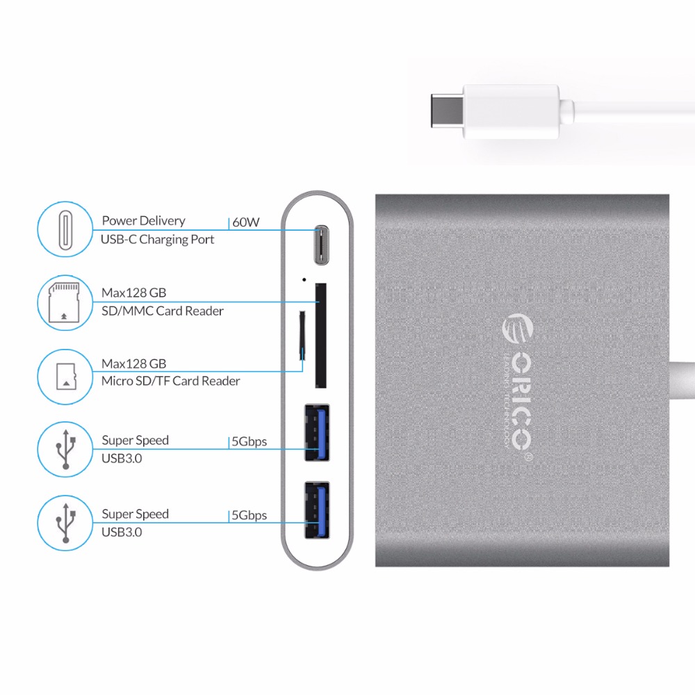 ORICO Aluminum Type-C to TF SD Card Reader with 2 USB3.0 Ports Support PD Charging Laptop Docking Stations USB HUB