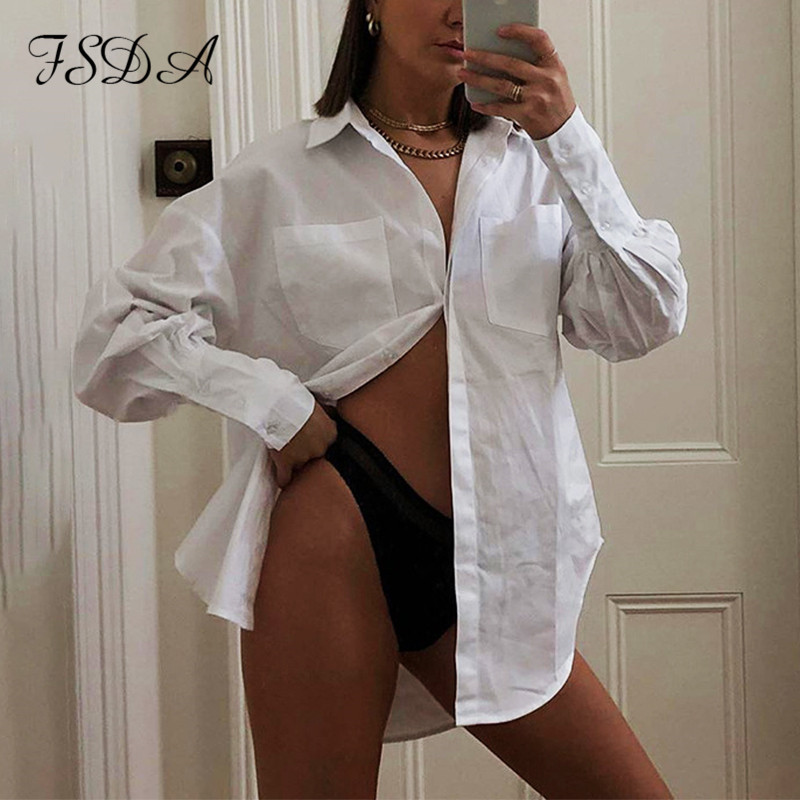 FSDA V Neck 2020 White Blouse Shirts Long Puff Sleeve Loose Black Office Autumn Sexy Elegant Vintage Oversized Shirts Top Ladies