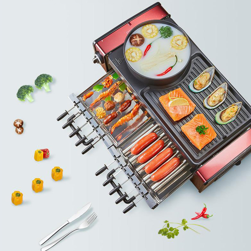 Household Electric Grill Skewer Barbecue Machine Non-stick Grill Hot Pot Smokeless Griddle Multifunctional Grill Pan