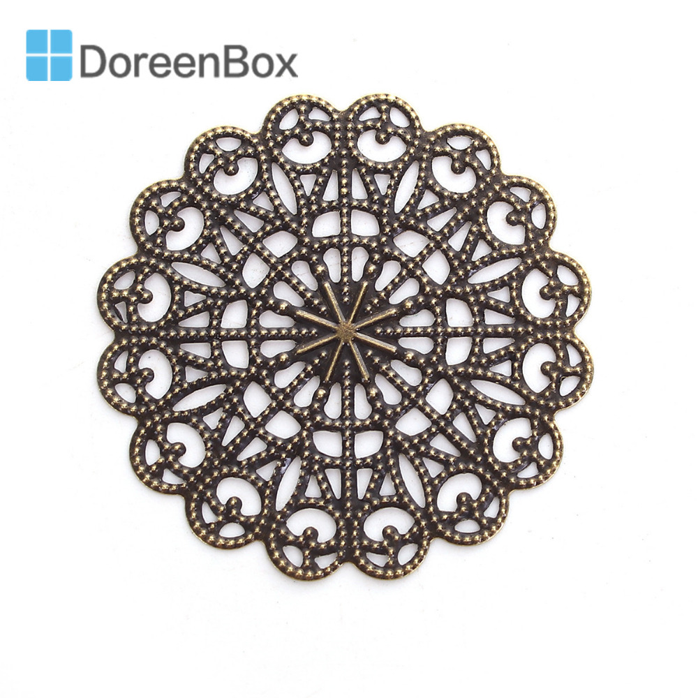 Doreen Box Zinc Based Alloy Embellishments Flower Antique Bronze Filigree Carved DIY Jewelry Making 43mm(1 6/8") x 43mm, 30 PCs