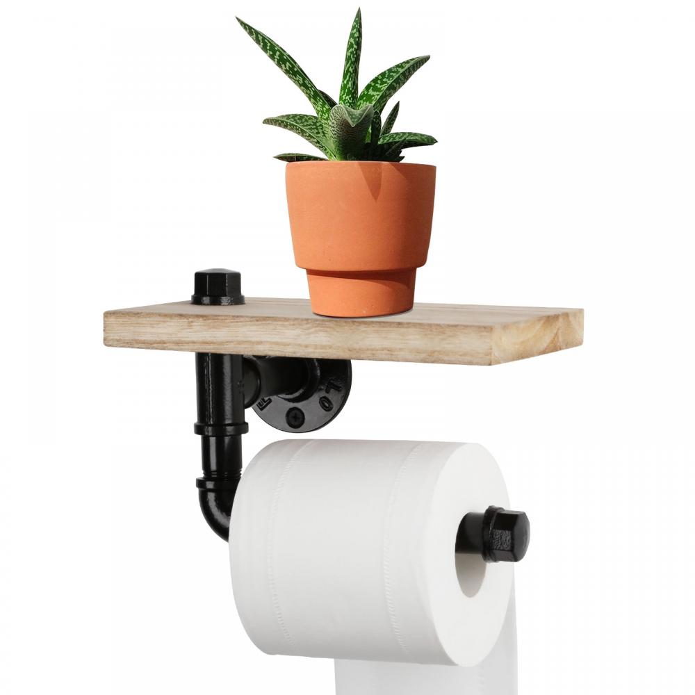 Wall Mounted Paper Tissue Holder With Wood Shelf