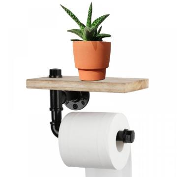 Wall Mounted Paper Tissue Holder With Wood Shelf