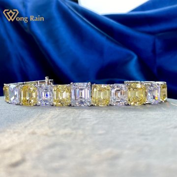 Wong Rain 925 Sterling Silver Emerald Cut Created Moissanite Citrine Gemstone Bracelets Bangle Wedding Engagement Fine Jewelry