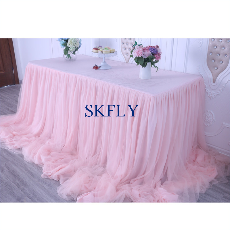 CL072E beautiful popular many colors custom made long drop wedding champagne table skirt for 6ft rectangle table
